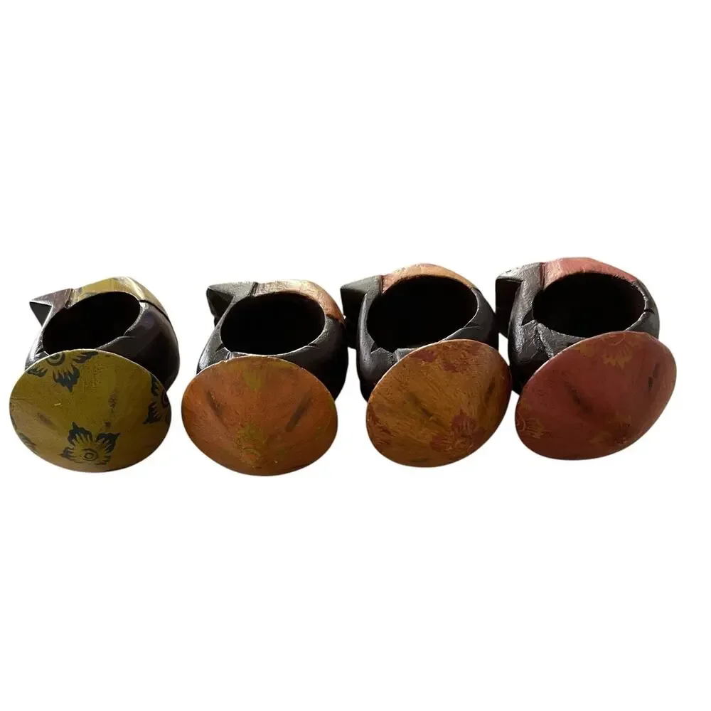 PIER 1 IMPORTS Wooden Carved Napkin Rings Asian SET OF 4 RICE HAT 1717-33